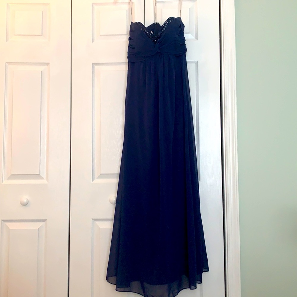 Strapless Navy blue gown with sequins at top